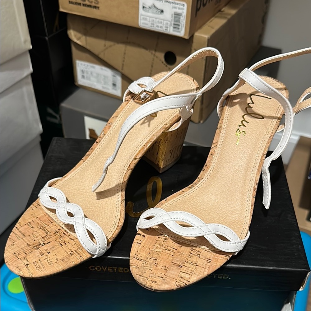 Lulus White Tan Sandals with Cork Wedge